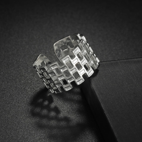 Hollow Geometric Ring Stainless Steel Adjustable Opening Gold Plated Square Grid Fashion Exaggerated Unisex Jewelry