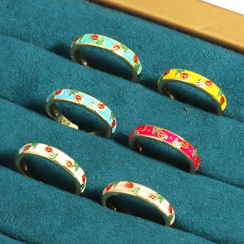 Enamel Flower Open Ring Copper Gold Plated Adjustable INS Style Sweet Floral Finger Jewelry For Women