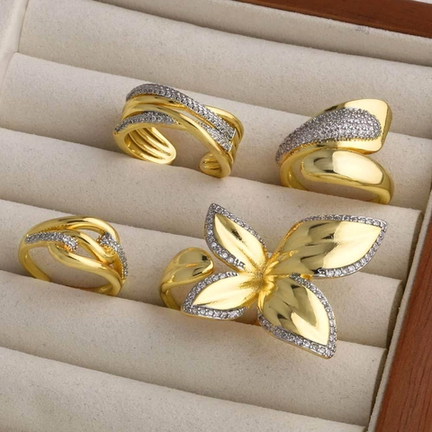 Adjustable Open Ring 18K Gold Plated Brass AAA Zircon Geometric Twist Flower Leaf Minimalist Luxury Jewelry For Women