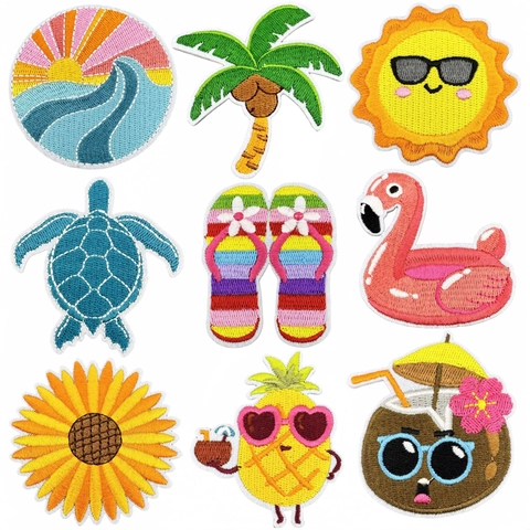 Summer Tropical Theme Embroidery Patches Iron On Applique DIY Decoration For Clothes Bags Polyester Thread Sun Palm Tree Flamingo Pineapple