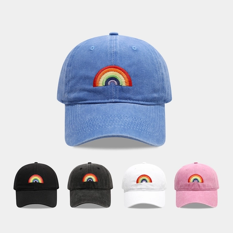 Rainbow Embroidery Washed Cotton Baseball Cap Vintage Adjustable Sun Protection Outdoor Casual Dad Hat For Men Women
