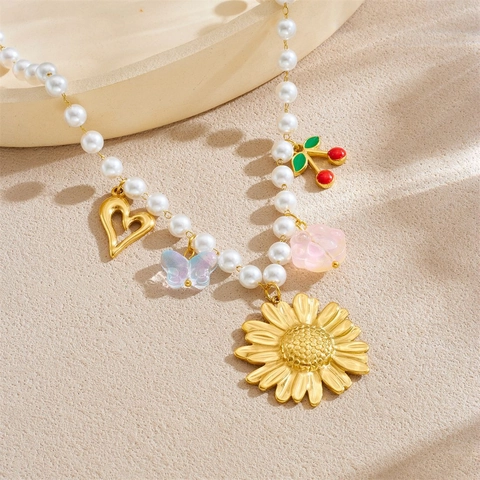 Trendy Imitation Artificial Pearl Necklace With Stainless Steel Sunflower Heart Butterfly Cherry Flower Pendants For Women Jewelry