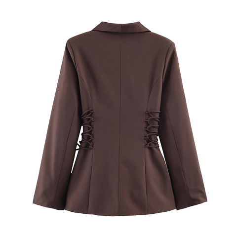 Chaqueta Blazer De Mujer Cruzada Con Cordones Laterales Color Café Retales De Satén Manga Larga Elegante Informal Para Oficina