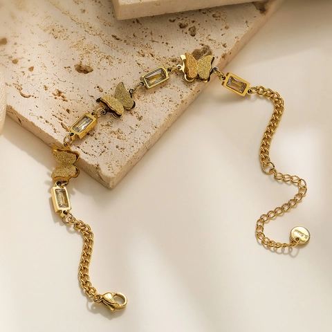 Bracciale Pendente Farfalla Acciaio Inossidabile Placcato Oro Con Cristallo Di Zircone Rettangolare Gioielli Eleganti