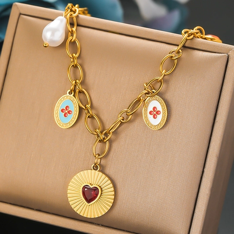 Stainless Steel Gold Plated Multi Charm Necklace Strawberry Cherry Heart Enamel Floral Synthetic Artificial Pearl Pendants For Women