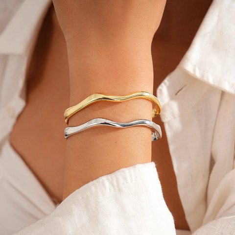 Bracciale Aperto Minimalista A Onde Geometriche In Rame Lucidato Gioielli Stile Moderno Per Donna