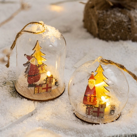 Ornement De Dôme En Verre De Noël Avec Lumière LED Base En Bois Lumineuse Pendentif Suspendu Décoration De Fête