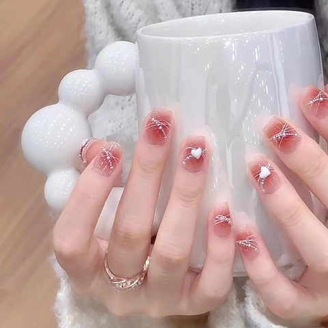 Press On Nails Pink Blush Gradient Short Square Fake Nails With 3D Heart Artificial Pearl Rhinestone Elegant Sweet For Women