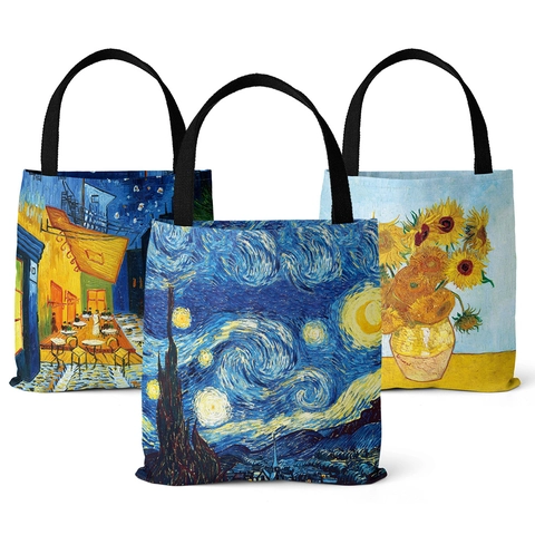 Van Gogh Oil Painting Canvas Tote Bag Starry Night Sunflowers Print Shoulder Shopping Bag For Women Daily Travel Beach
