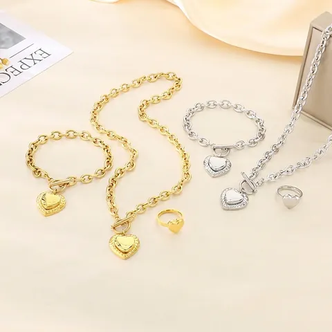 Herz Schmuck Halskette Armband Ohrringe Ring Edelstahl Knebelverschluss Grobe O Kette Mode Für Damen