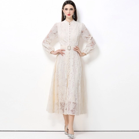 Elegantes Französisches Retro Spitze Maxikleid Stehkragen Laternenärmel Blumenstickerei Hohe Taille Kleid Mit Gürtel