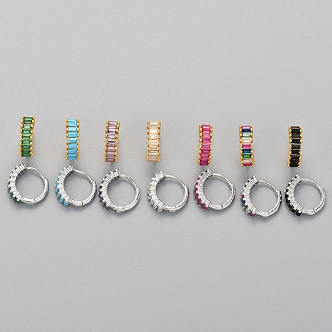 Geometric Rectangle Rhinestone Huggie Earrings For Women Copper Baguette Cut Small Hoop Earrings With 925 Silver Post Jewelry