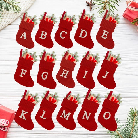 Knitted Christmas Stocking Polyester Initial Letter Red White Hanging Ornament Tree Decoration