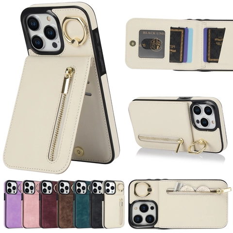 Multifunctional Wallet Case Phone Cover PU Leather Zipper Pocket Card Slots Ring Holder Kickstand RFID Blocking Business