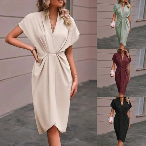 Elegant V Neck Midi Dress For Women Ruched Waist Cap Sleeve Irregular Hem Solid Color Polyester Spandex Commute Party