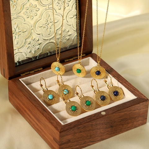 Retro Ronde Hanger Ketting En Leverback Oorbellen Roestvrij Staal Verguld Met Turquoise Groene Edelsteen Voor Dames