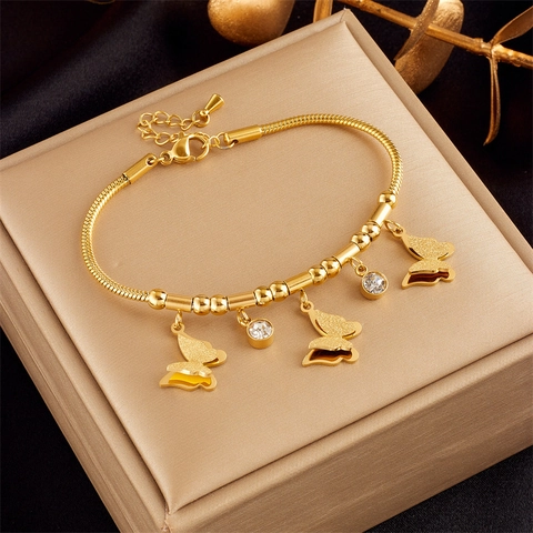 Elegante Bracciale con Ciondolo a Farfalla in Acciaio al Titanio Catena a Serpente Oro Con Pendenti a Farfalla Smerigliata e Strass Donna