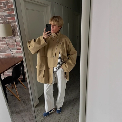 Khaki Dames Trenchcoat Polyester Losse Pasvorm Intellectuele Revers Riem Windjack Casual Elegante Lange Bovenkleding