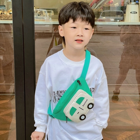 Kids Cartoon Car Shape Waist Bag Nylon Adjustable Strap Chest Crossbody Pack Boys Girls Casual Sporty Letter Print