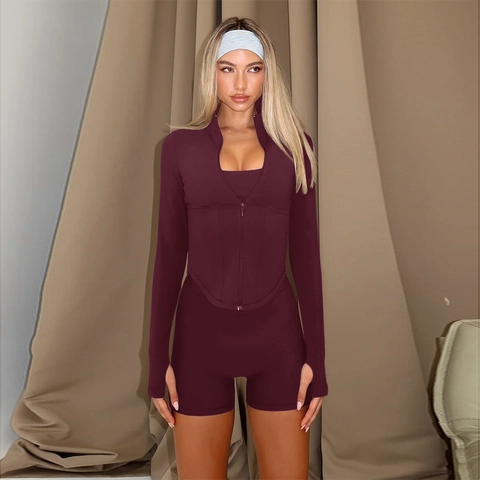 Tenue De Yoga Femme Haut À Manches Longues Avec Fermeture Éclair Et Short Moulant Taille Haute Sportswear Polyester Spandex