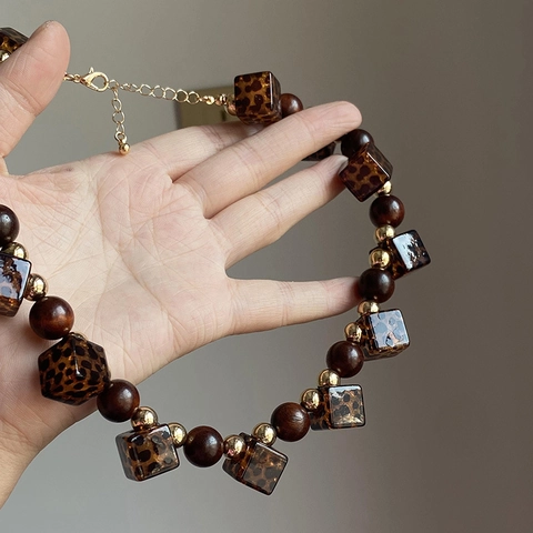 Collier Perles En Bois Acrylique Cube Imprimé Léopard Vintage Bohème Bijoux Mode Géométriques Pour Femmes