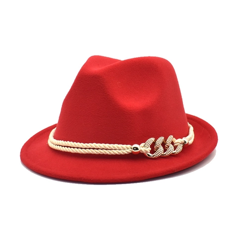 Fedora Hat Wool Felt Vintage Jazz Cap With Double Rope Band Gold Metal Chain Buckle Elegant For Men Women