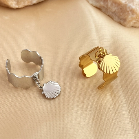 Edelstahl Muschel Anhänger Ring Wellen Scalloped Band 18K Vergoldet Verstellbar Offener Schmuck Für Damen