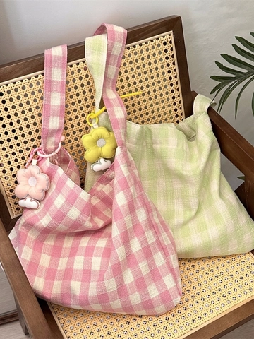 Borsa Tote In Tela A Scacchi Grande Capacità Stile Coreano Ins Borsa A Tracolla Casual Con Ciondolo A Fiore Per Donne