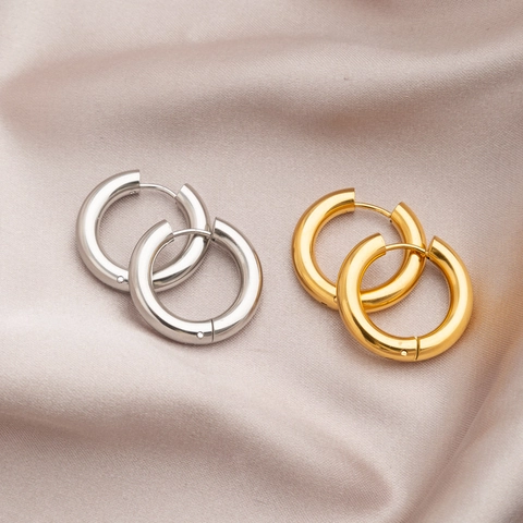 Orecchini A Cerchio Spessi Acciaio Al Titanio Rotondi Lucidati Moda Minimalista Donne Con Perno In Argento