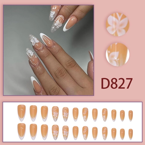 Unghie Press On Lunghe Mandorla Punta Francese Bianca Design Farfalla 3D Perla Artificial Glitter Argento Rosa Nude Elegante Dolce