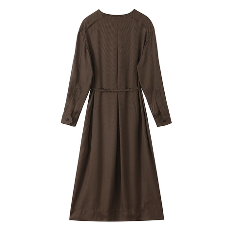Polka Dot Maxi Dress Long Sleeve Round Neck Single Breasted Elegant Polyester Fashion Dress With Belt For Women