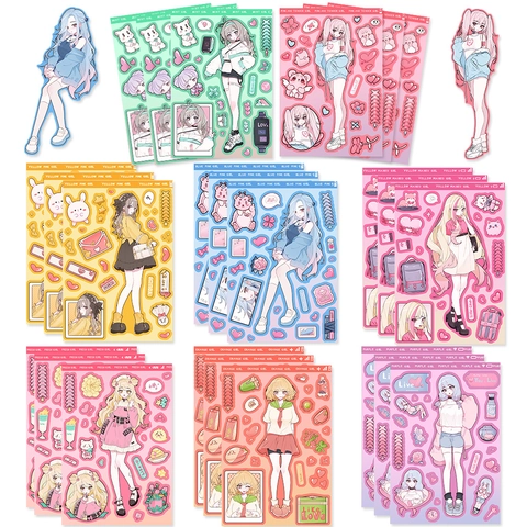 Pegatinas DIY de Chica de Anime de Dibujos Animados Impermeables PVC Estética Material para Diario para Funda de Teléfono