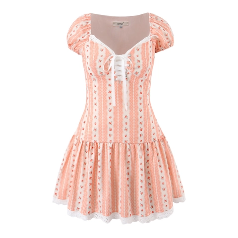 Minikleid Mit Blumendruck Damen Puffärmel Eckiger Ausschnitt Schnürung Vorne Rüschensaum Rosa Vintage Süß