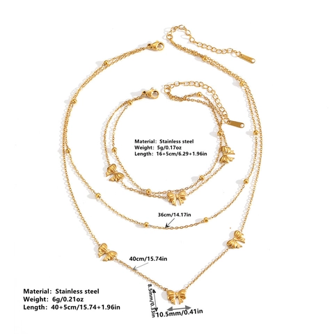 Stainless Steel Bowknot Heart Necklace And Bracelet For Women Double Layer Gold Silver Elegant Jewelry Accessory