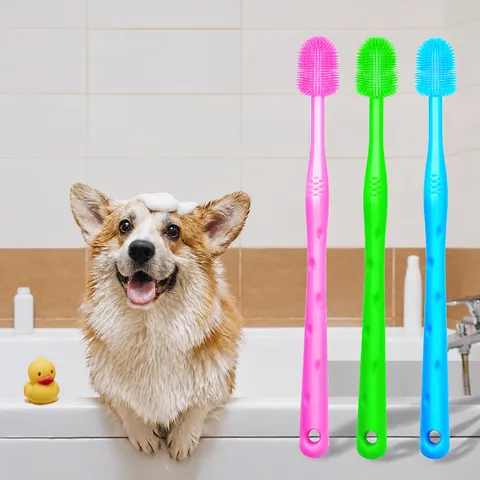 Pet Silicone Toothbrush Full Coverage Oral Care Cleaning Tool For Cats And Small Dogs PP Handle