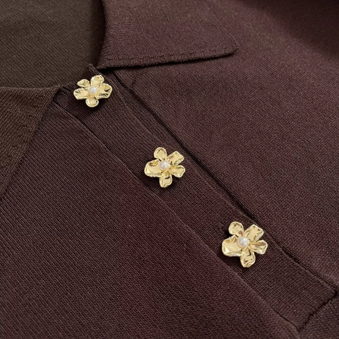 Women Knitted Polo Shirt Short Sleeve Polyester Gold Flower Artificial Pearl Buttons Elegant Casual Knit Top Solid Color Coffee