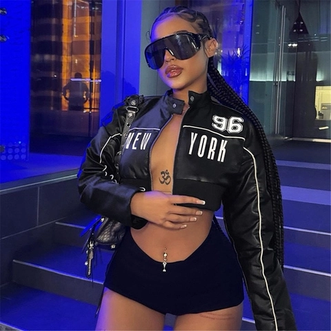 Veste Moto Courte En Cuir PU Pour Femmes Col Montant Imprimé New York Manches Longues Streetwear Rétro Biker Zip