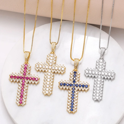 Collana Con Ciondolo A Croce Rame Placcato Oro Con Zirconi Colorati Catena A Scatola Gioielli Religiosi Per Donne