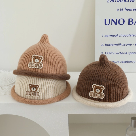 Baby Pointgestrickte Mütze Winter Warm Elf Beanie Mit Rollrand Cartoon Bär Patch Acryl Kleinkind Kopfbedeckung