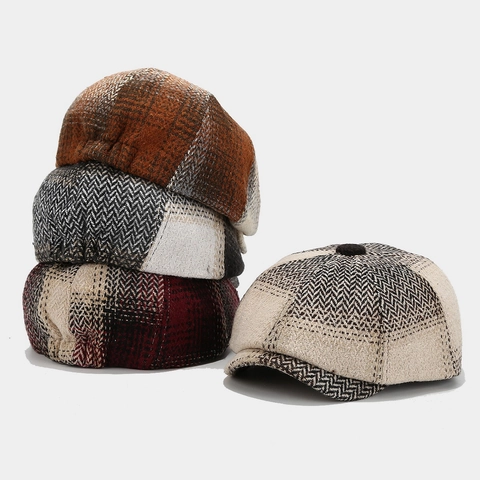 Vintage Newsboy Cap Herringbone Tweed Style Cotton Octagonal Hat Retro British Flat Cap Artist For Men Women