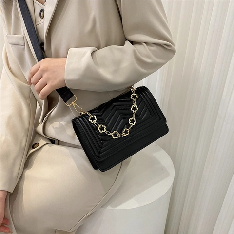Women Quilted Small Square Bag PU Leather Chevron Shoulder Bag Floral Metal Chain Wide Strap Casual Daily Crossbody Purse