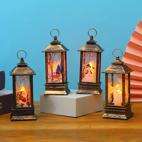 Lanterne LED Noël Vintage Suspendue Portable Motif Père Noël Bonhomme de Neige Élan Ange Veilleuse pour Décoration de Fête