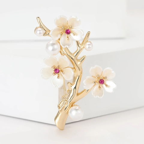 Broche De Rama De Flores De Aleación Con Perla Artificial Y Flor De Concha Alfiler Elegante Para Mujeres