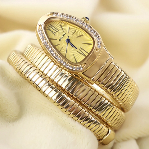 Snake Shaped Women Quartz Watch With Rhinestone Inlaid Stainless Steel Coil Wrap Bracelet Luxury Fashion Wristwatch
