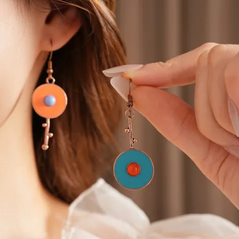 Vintage Asymmetrical Enamel Round Dangle Earrings Alloy With Steel Earring Post Retro Geometric For Women