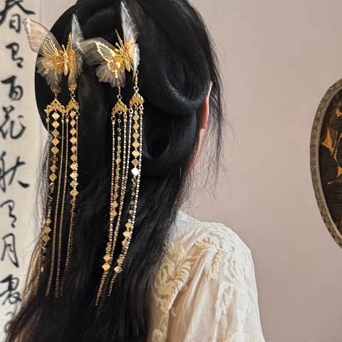 Mollette Per Capelli A Farfalla Con Nappina Lega Rete Nastro Di Raso Frangia Lunga Stile Cinese Vintage Accessori Per Capelli Per Donne
