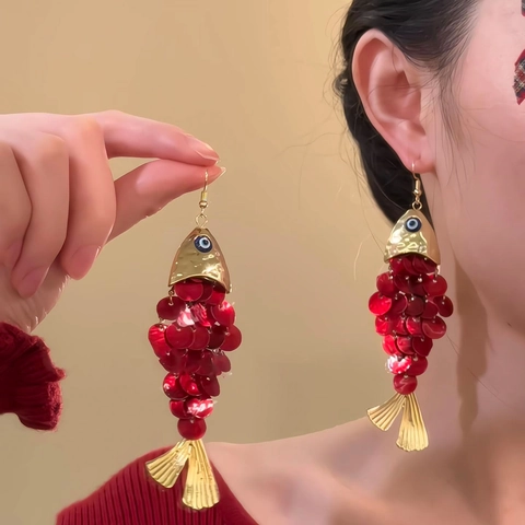 Pendientes Colgantes Pez Con Lentejuelas Concha Aleación Cola De Pez Ojo Turco Retro Borla Larga Exagerados Para Mujeres