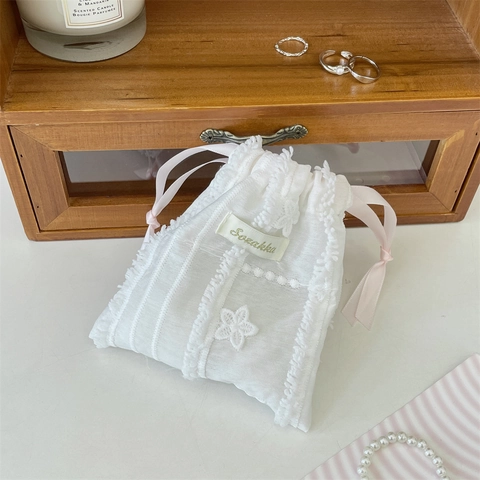 Lace Drawstring Storage Bag Flower Embroidery Pink Ribbon Jewelry Cosmetic Organizer Pouch Sweet Minimalist