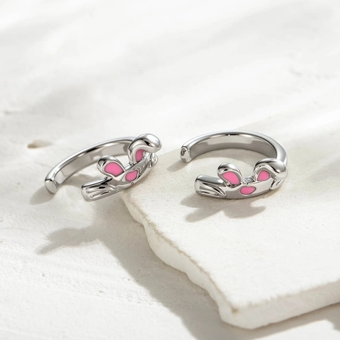 Cute Rabbit Ear Pink Enamel Ear Cuff For Women Girls Sweet Non Pierced Silver Color Titanium Steel Copper Earring
