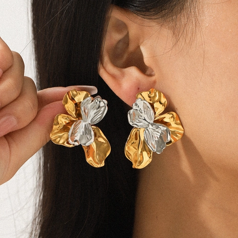 Stainless Steel Flower Earrings Hammered Texture Gold Silver Two Tone Exaggerated Statement Stud Jewelry For Women